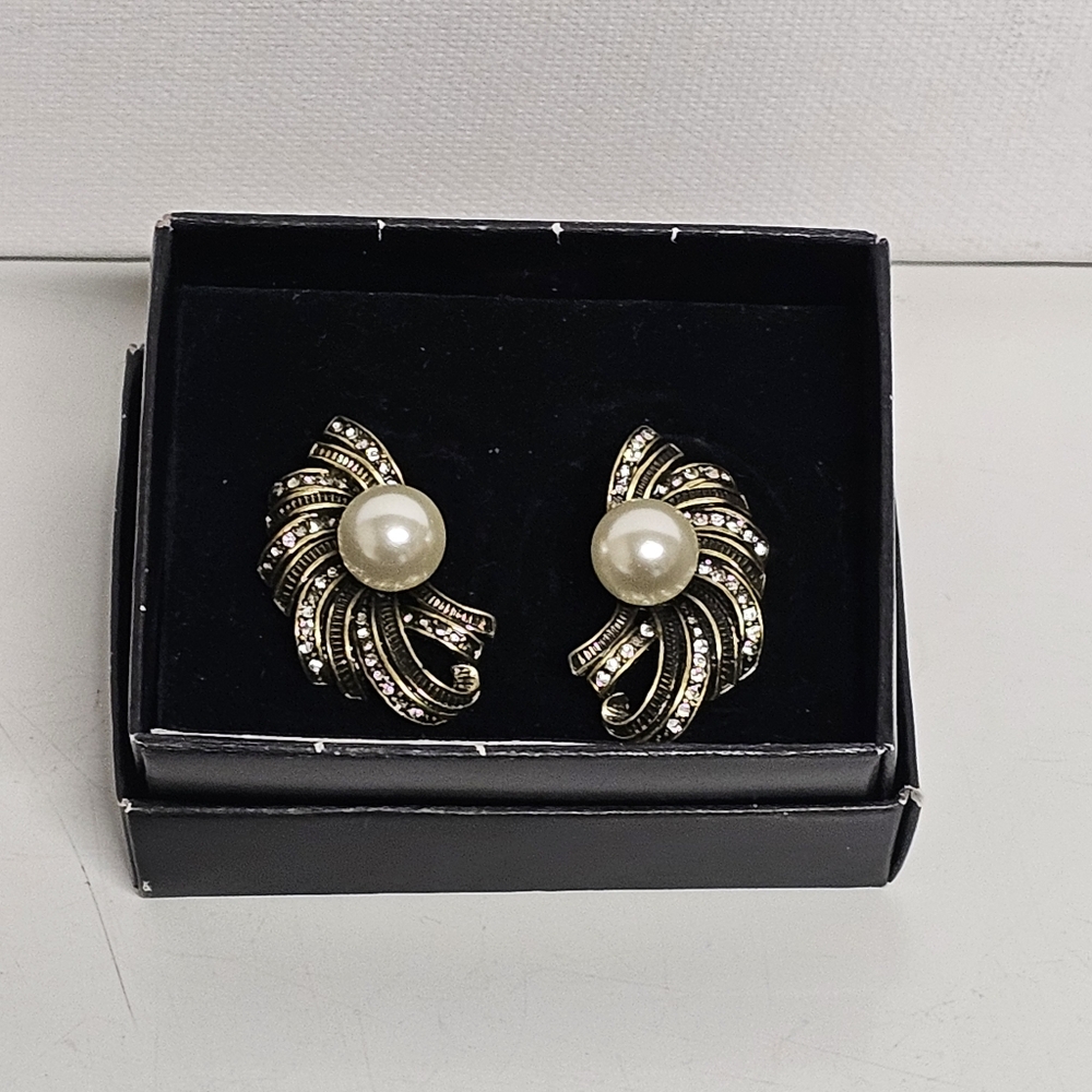 Avon Vintage Clip-On Earrings – Faux Pearl & Rhinestone Swirl – Gift Boxed